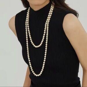 Tahari White/grey/black/cream pearls long necklace multi layers freestyle 59”